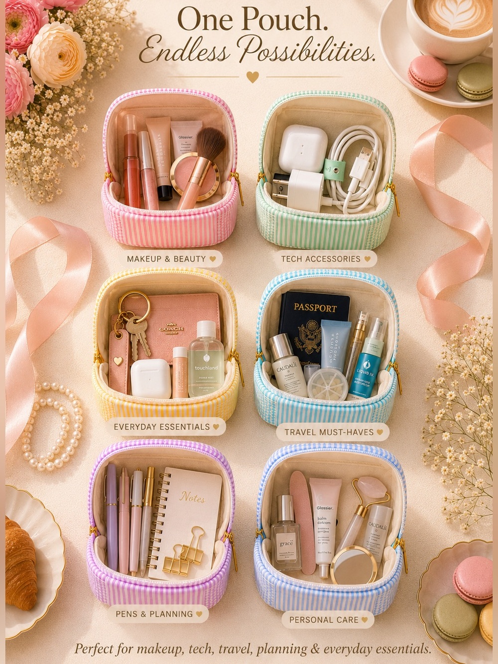 Pastel Seersucker Organizer Pouch | Makeup Bag | Travel Case | Purse Organizer - Picture 2 of 6